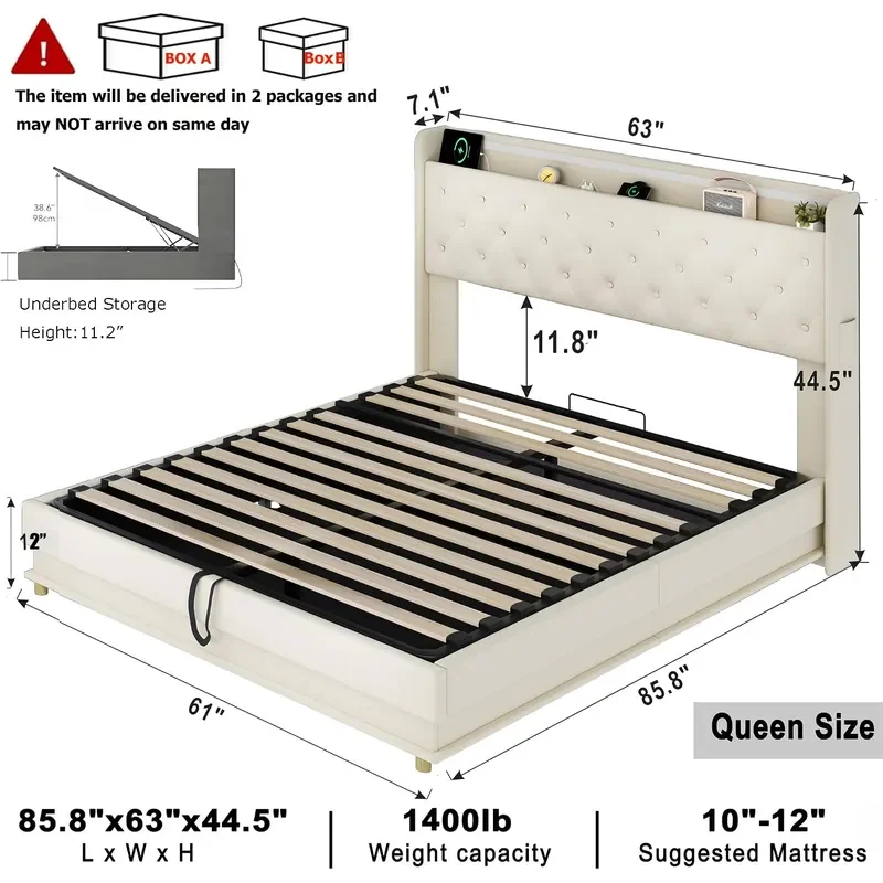Queen Size Lift Up Storage Bed Upholstered Platform Bed with Button Tufted Wingback Storage Headboard Bed Frame Queen Size