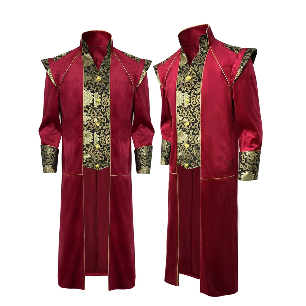 

Взрослые мужчины Средневековый косплей Черные куртки Дьявол Мода Готический стимпанк Фрак Костюм Черная парча Дамасская Свадьба Хэллоуин