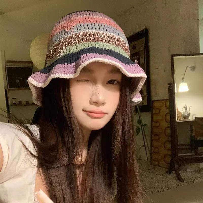 

Colored Striped Knitted Bucket Hats For Women&Men Handmade Fishermen Hat Ladies Skullies Caps Outdoor Beach Sunscreen Cap Gorros