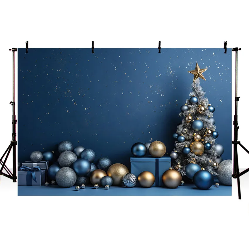 Mehofond Photography Background Retro Blue Wall Christmas Glitter Xmas Tree Gift Kid Family Portrait Decor Photo Backdrop Studio