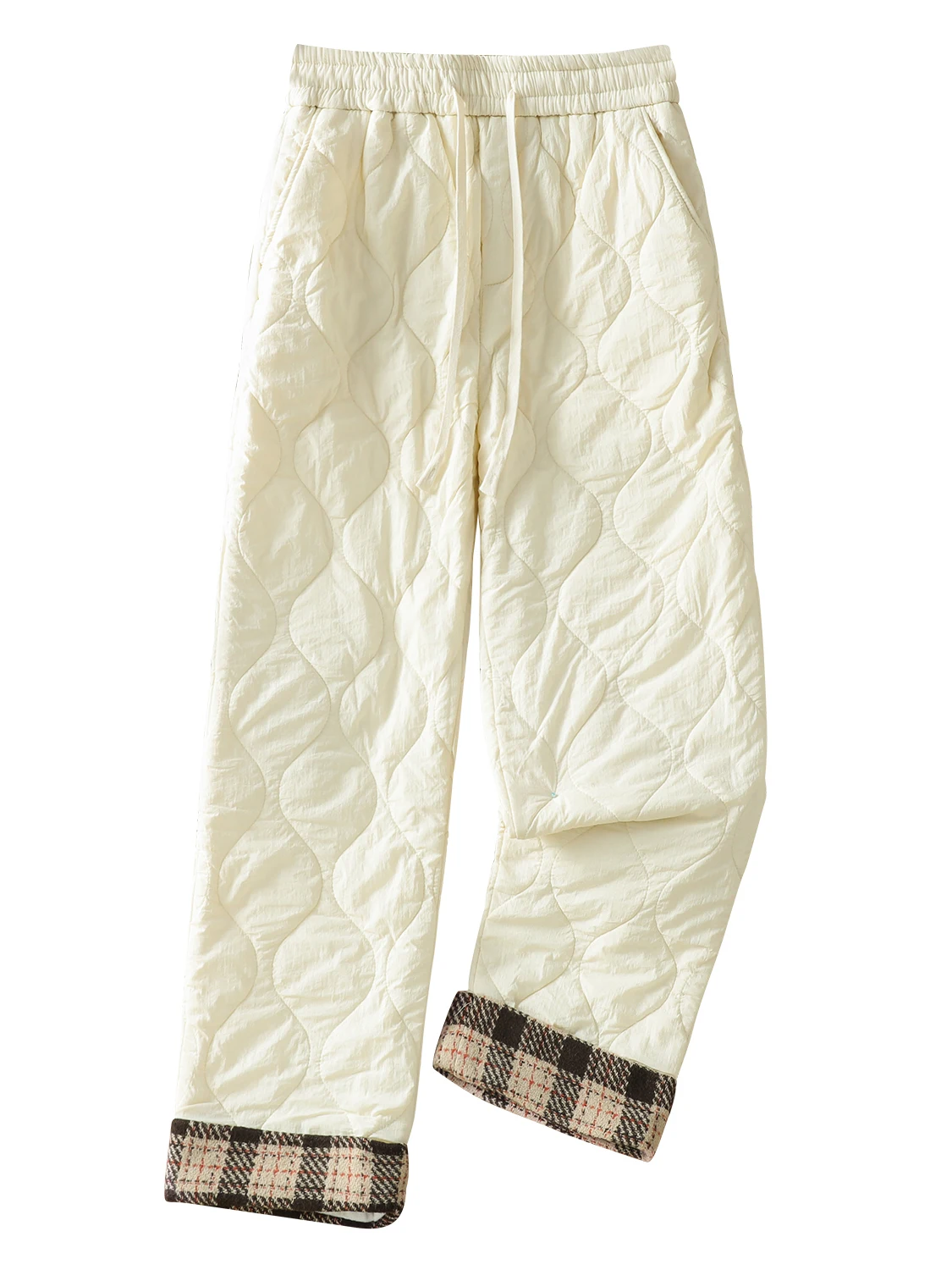 Calças de algodão Thiened femininas inverno cintura alta perna reta alta à prova de vento quente xadrez retalhos solto ajuste calças casuais