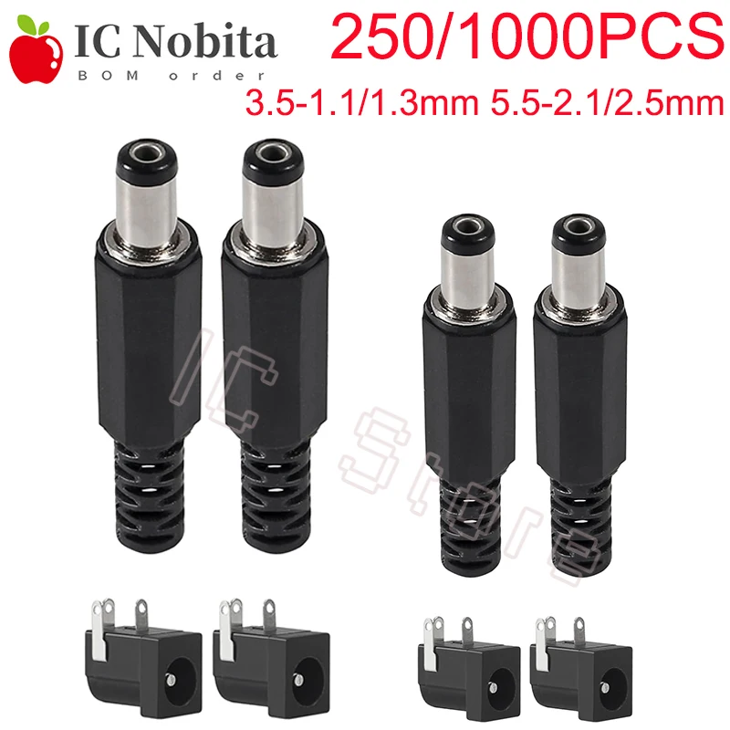 250/1000PCS DC Power Plug Socket DC005 DC002 Connector 5.5x2.1/2.5mm 3.5x1.1/1.3mm Male and Female Socket Circular Hole