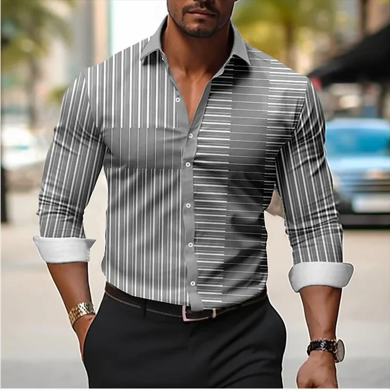 Camisa de manga larga con estampado de rayas a cuadros, camisa informal de tela elástica con solapa para vacaciones en la calle, primavera y verano, novedad de 2024