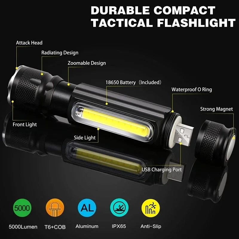 USB Rechargeable Flashlights with COB Side Light High Power LED Flashlight Outdoor Emergency Light Torch with Built-in Battery