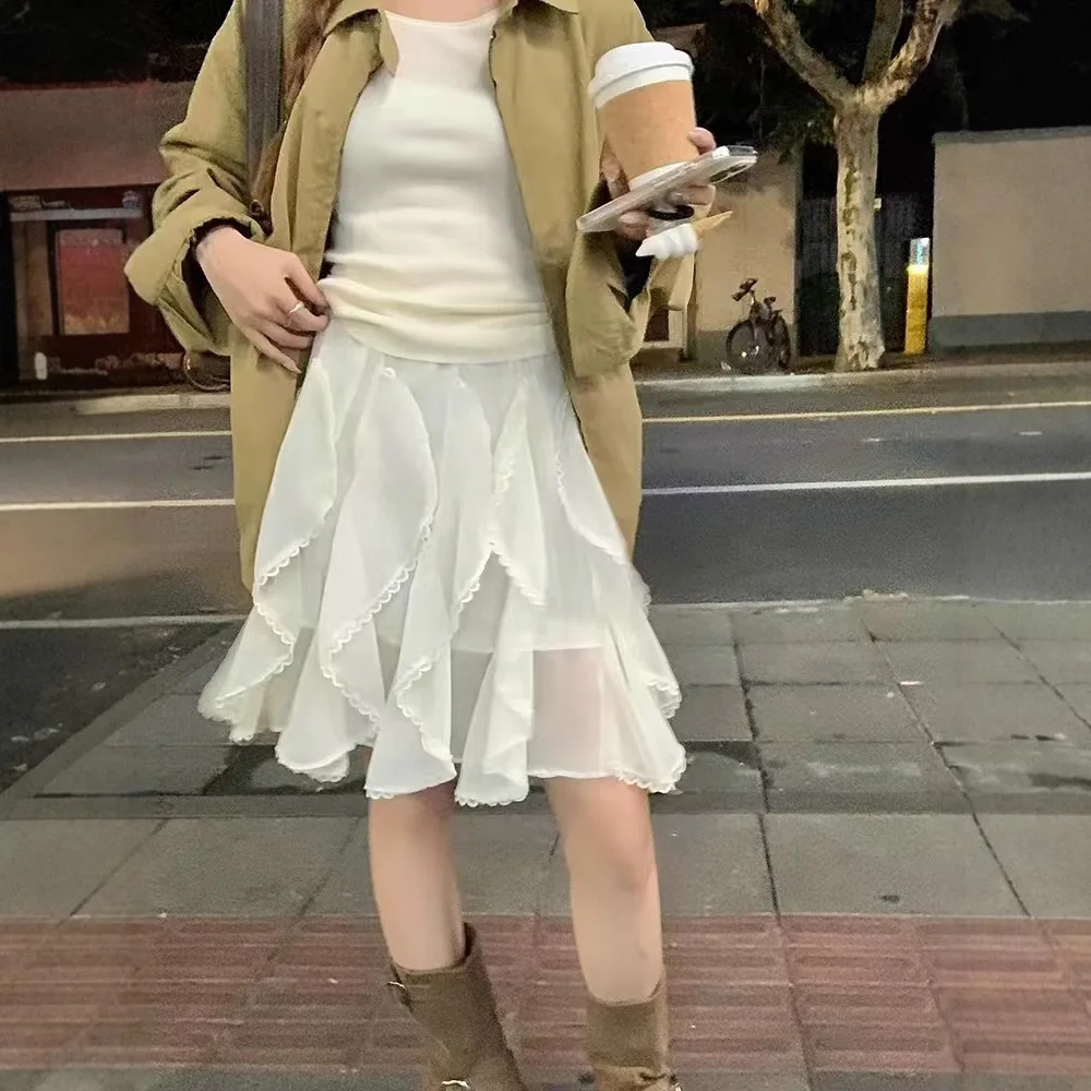 تنورة Ele American Lace المرقعة بخصر عالٍ للنساء، تنورة شيفون حلوة ذات حدود حلوة، تنورة كعكة كاجوال بلون نقي