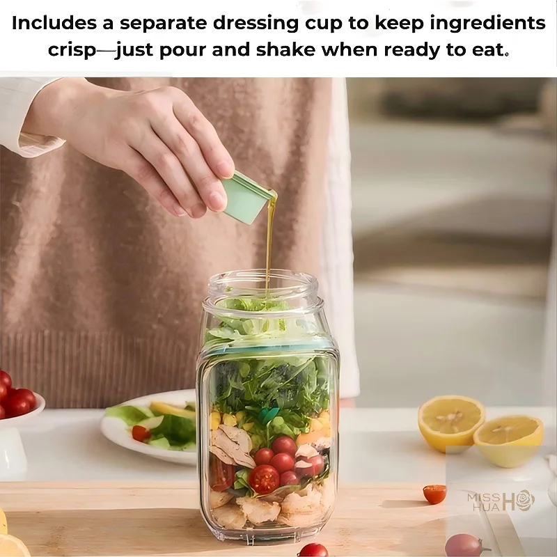 Practical Salad Mason Jar, with Dressing Container, Side-Access, Safe to Use in Microwaves, Freezers, and Dishwashers