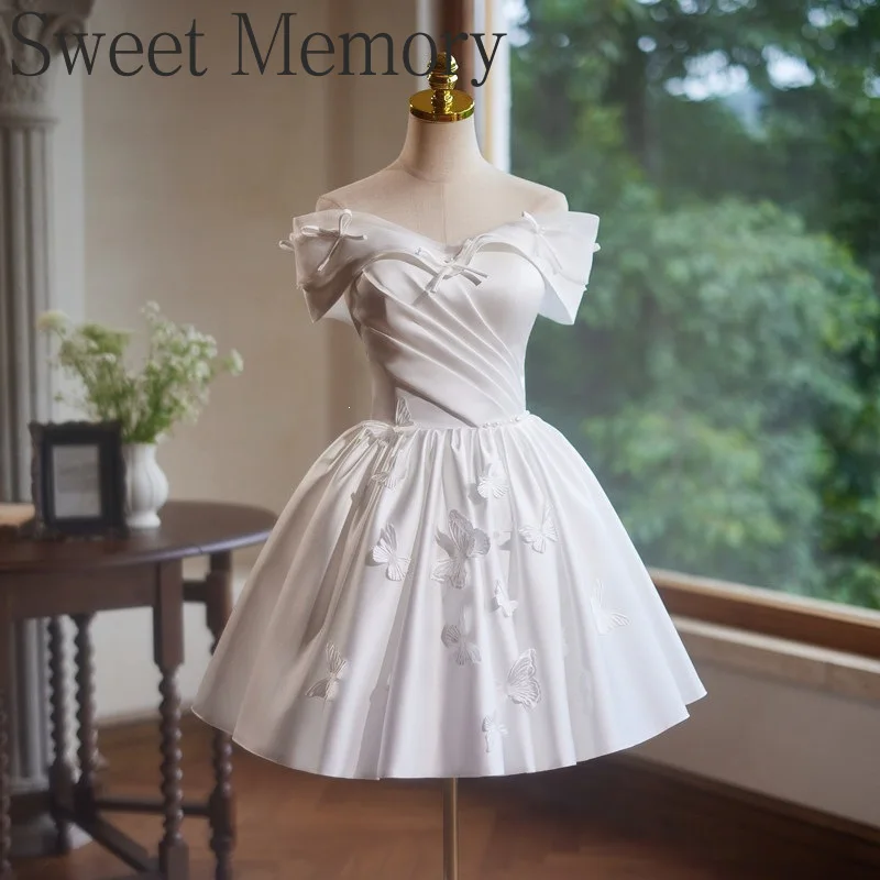 M3136 Sweet Memory Princess Boat Neck White Dress Women Wedding Dresses for Brides Luxury Satin Lace Up Formal Gowns