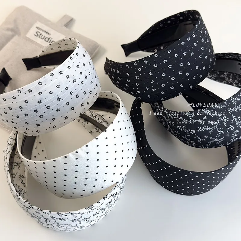 

Wide Black White Polka Dot Floral Print Headband for Women New Arrival Face Washing Hair Clip Fashion Versatile Non Slip Daily