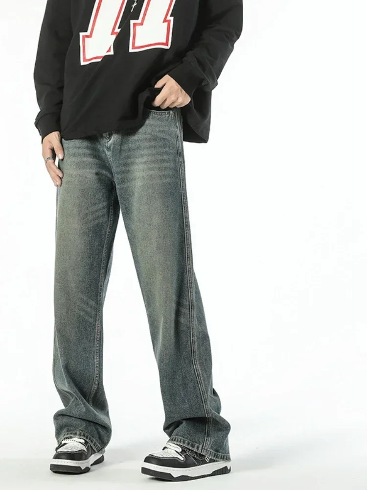 

Men Denim Pants Jeans Floor Length Pant Splice Simple Pockets Casual Loose Regular High Waist Straight Trousers Autumn Winter