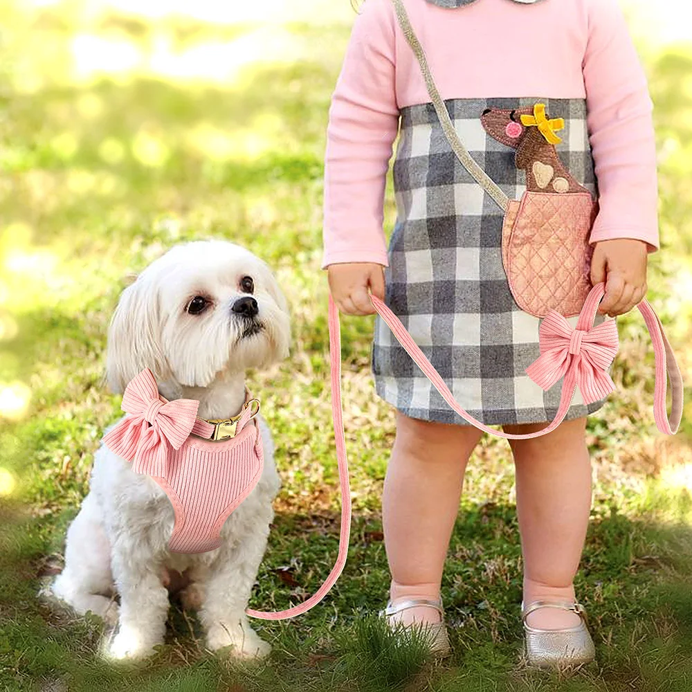 Pink Dog Collar Harness Leash Set Cute Dog Collar Leash WIth Bowtie Soft Harness Vest For Small Medium Dogs Outdoor Walking