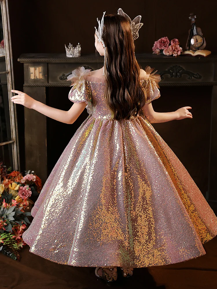 New Elegant Wedding Kids Formal Occasion Dress for Little Girls Luxury Long Evening Gowns Children Pageant Party Maxi Dresses