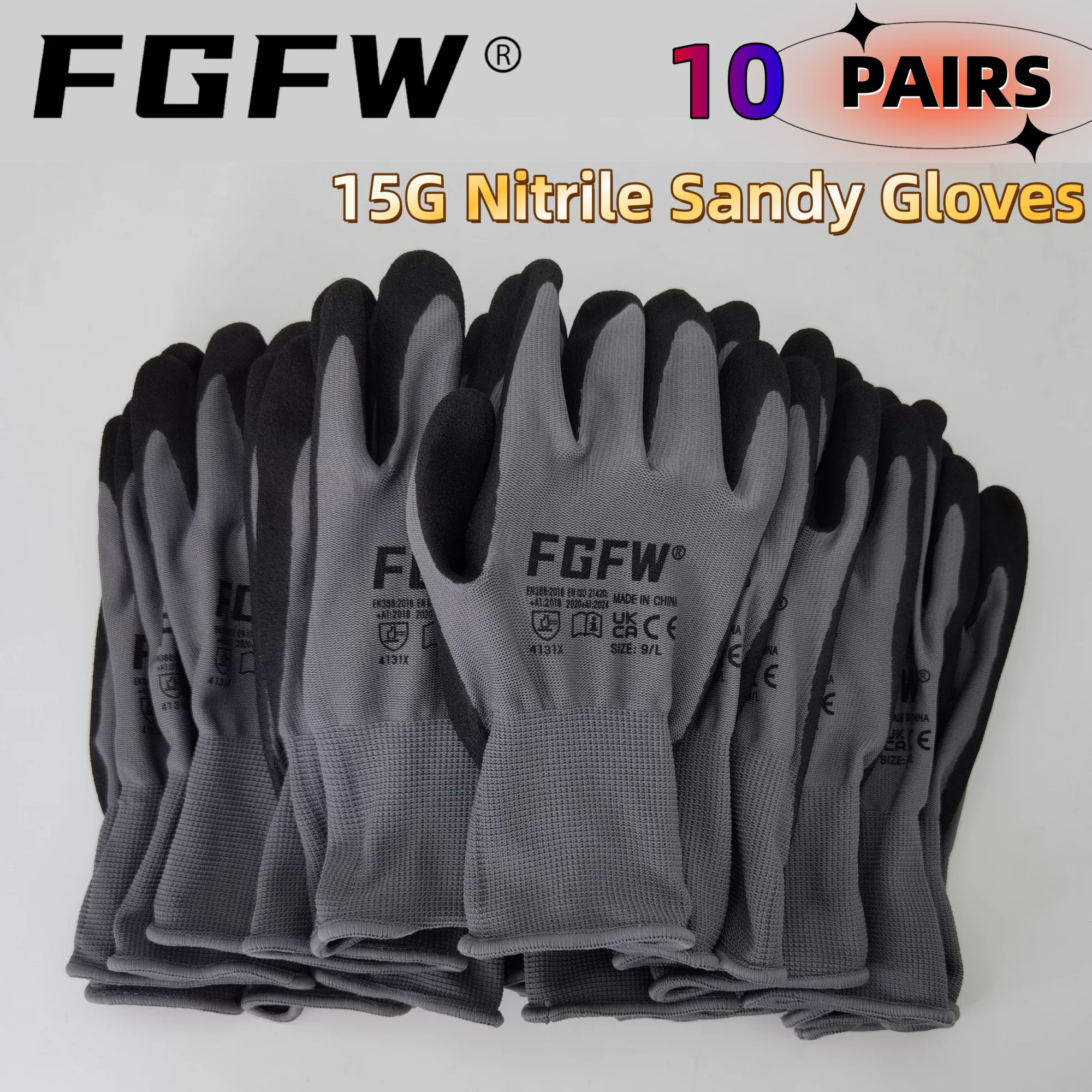 FGFW 10 Pairs Gray Nitrile Sandy Work Gloves EN388 Level 4 Mechanics Gloves for Auto Repair Warehouse Industrial