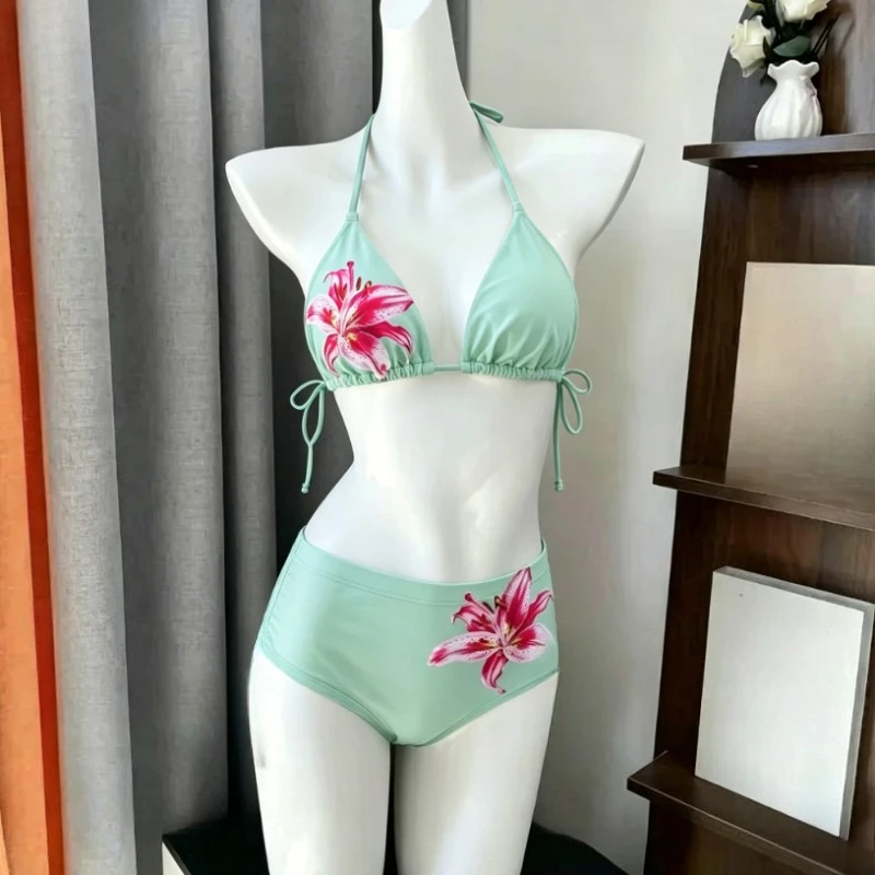 Y2K Sexy Printed Ruffle Bikini Swimsuit Women Harajuku Kawaii Lolita Crop Top Shorts Seaside Travel Beach Wear