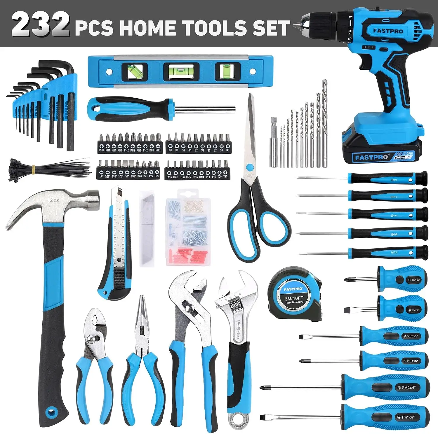 Portable Household Repairing Tool Set with 20V Drill, Blue, CR-V Steel, 2-Speed, 19 Torque