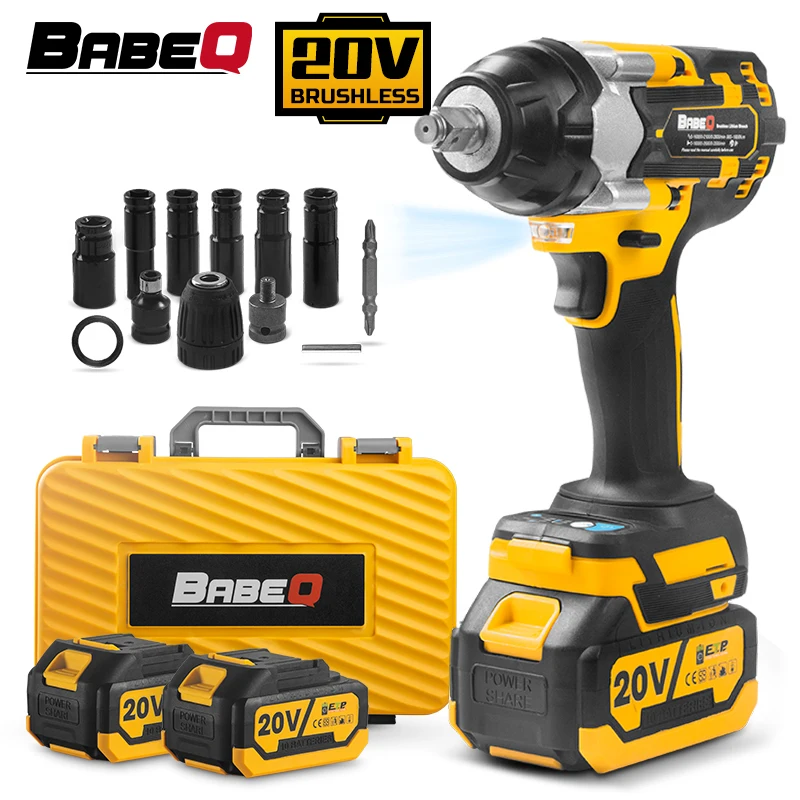 BABEQ 1800N.M 20V Brushless Electric Impact Wrench Cordless Wrench 1/2 inch Socket Wrench Rechargeable Li-on Battery Plastic Box