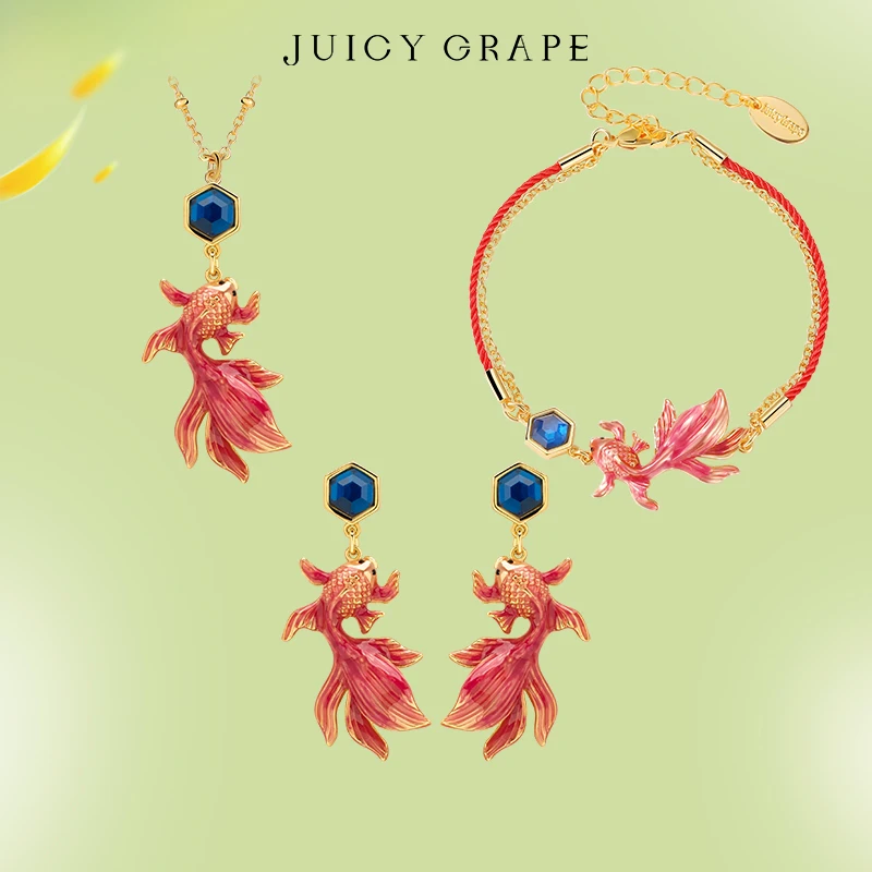 

JuicyGrape Red Goldfish Jewerly Set for Women 925 Silver Pin Earring Red Goldfish Necklace Handmade Enamel Goldfish Jewerly Set