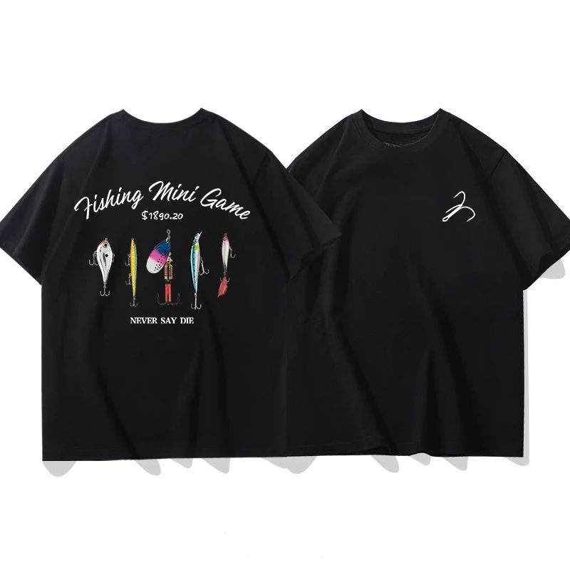 

Retro Fishing Lu Ya Printed Short-sleeved T-shirt for Men in Summer 2025, Black Pure Cotton Loose Half-sleeved Top Trendy