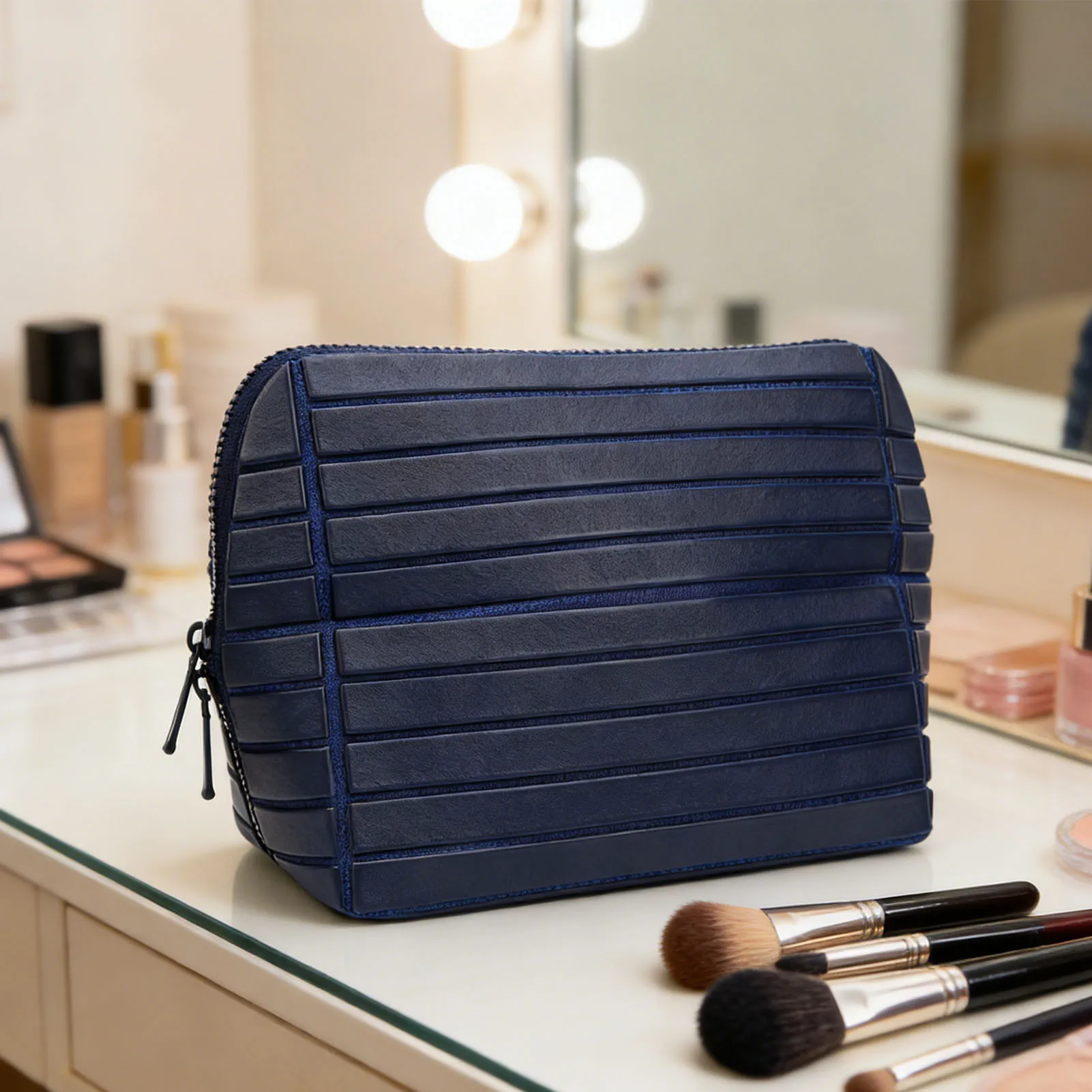 

Makeup Bag Travel Cosmetic Organizer Large Capacity Toiletry Bag with 180 Degree Opening Navy Blue Striped Makeup Storage Bag