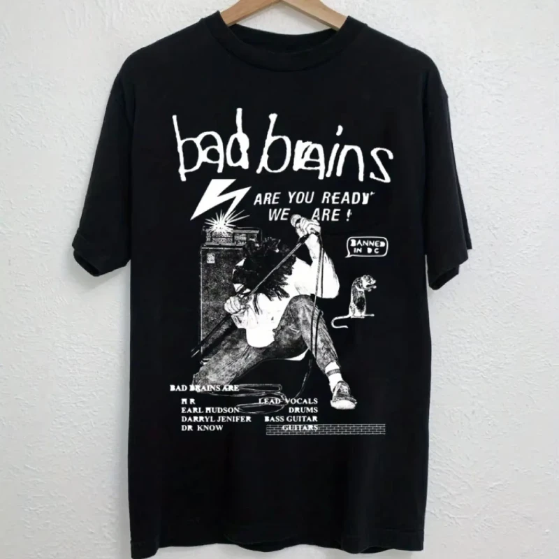 Casual round neck Bad Brains band pattern T-shirt with concert date design, soft and comfortable black short sleeved