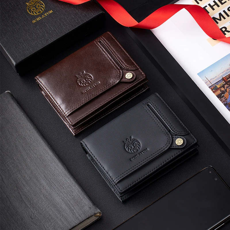 SCHLATUM Genuine Leather Men RFID Blocking Short wallet Vintage Men's vertical money clip Fashion man Credit Card Holder Wallets