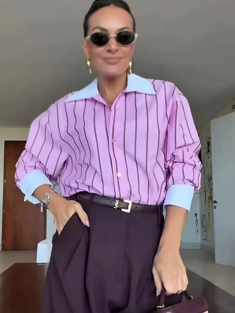 Frühling Damen Casual Gestreifte Rosa Hemden Trendige Urlaubshemden mit Knöpfen und Kragen Neue 2026 Sommer Mode Damen Streetwear