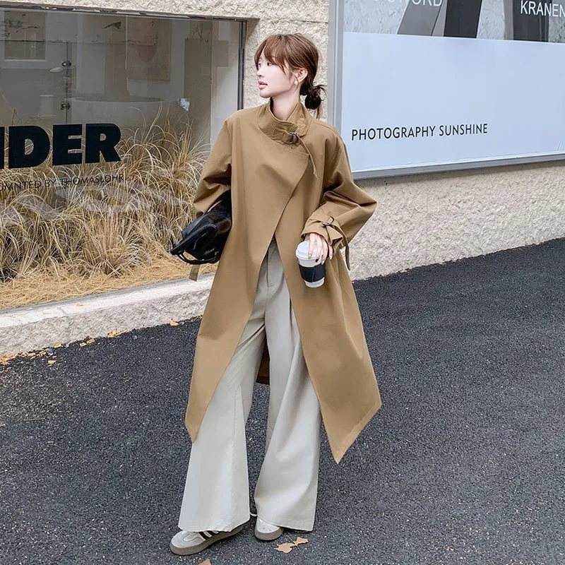 

SuperAen England Style Vintage Solid Color Trench Coats Women's Autumn 2024 New Design Belt Stand Collar Loose Casual Long Coats