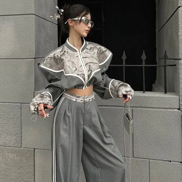 

Two-Piece Cool Autumn Winter New Style Patchwork Suit Long-Sleeved Jacket Long Wide-Leg Pants High Waist Slimming Niche