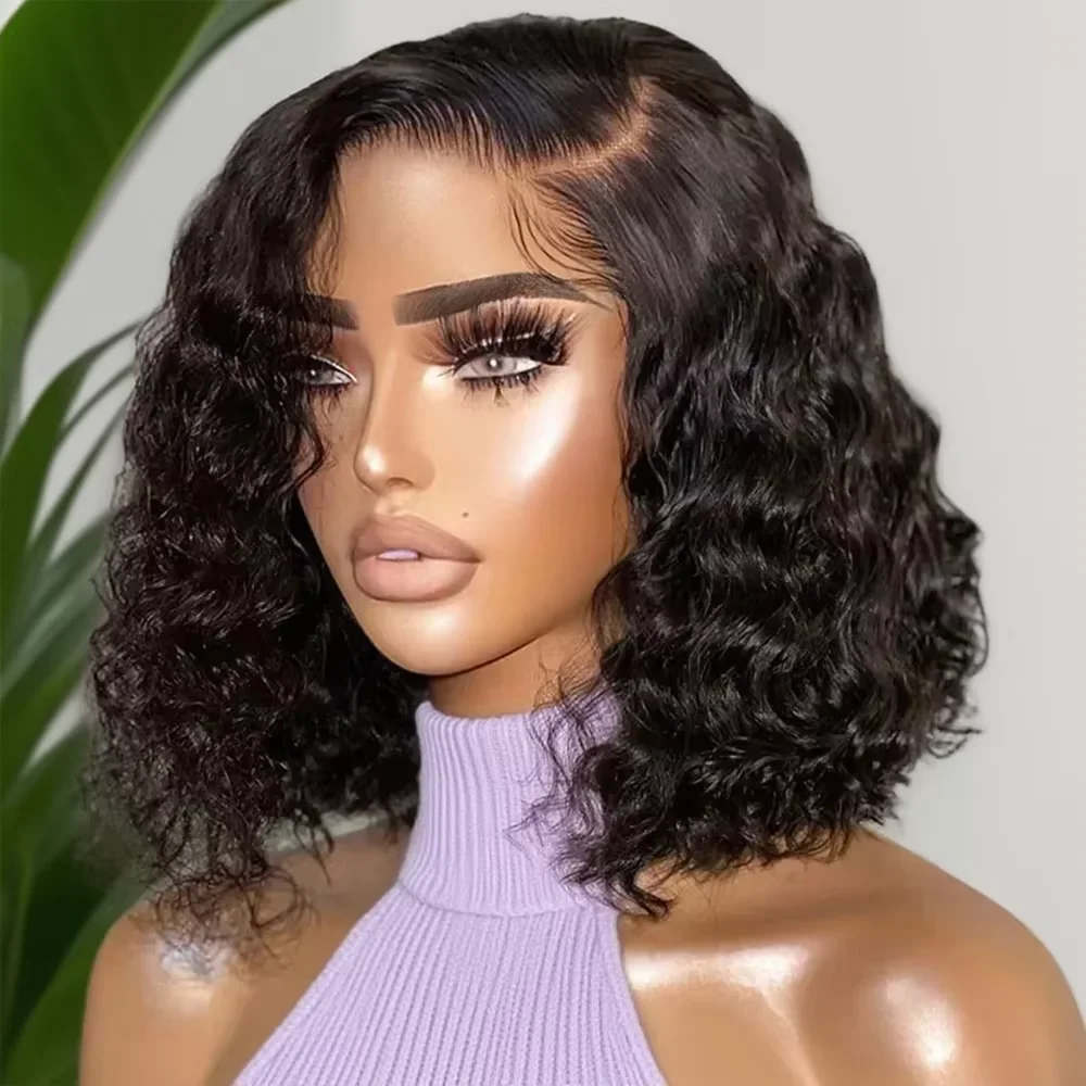 

Короткий парик-боб с глубокой волной 8-14 дюймов, 13x4 HD Lace Front, из натуральных перуанских кудрявых волос, 220% плотности, с эффектом водной волны, для женщин