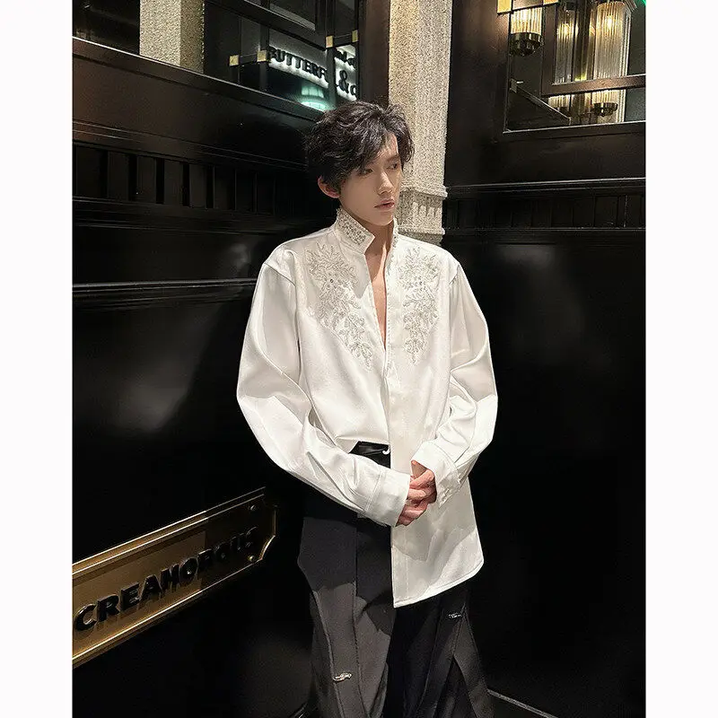 Spring Summer Pearl Embellished Silk Satin Long Sleeve Shirt Stand Collar Heavy Work Embroidery Men's Fashion Urban Style