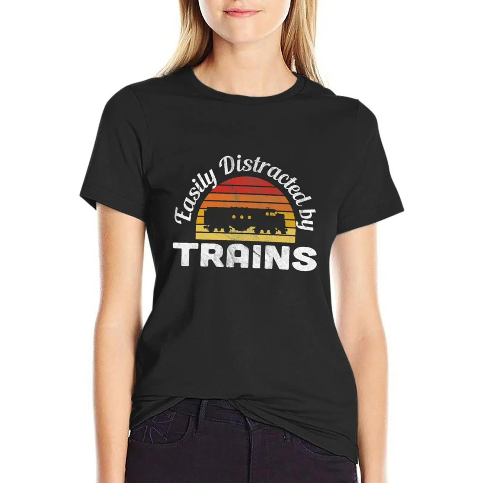 

Easily Distracted by Trains T-shirt hippie clothes plus size tops Womens clothing