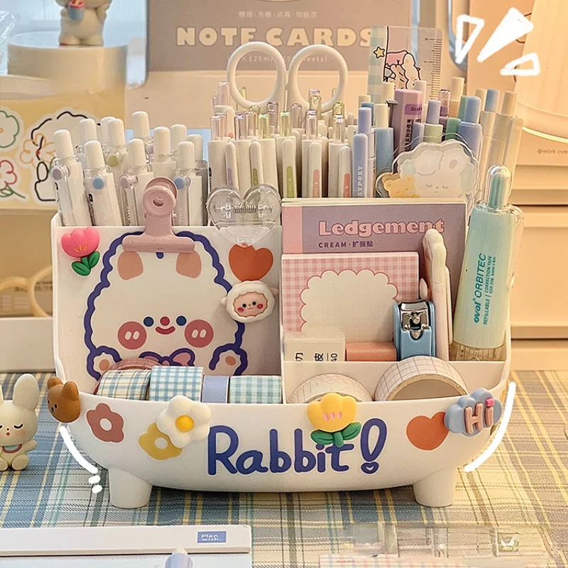 Portalápices de escritorio Kawaii de gran capacidad, caja de almacenamiento de papelería linda, portalápices de dibujos animados creativos, organizador de escritorio Ins para niñas