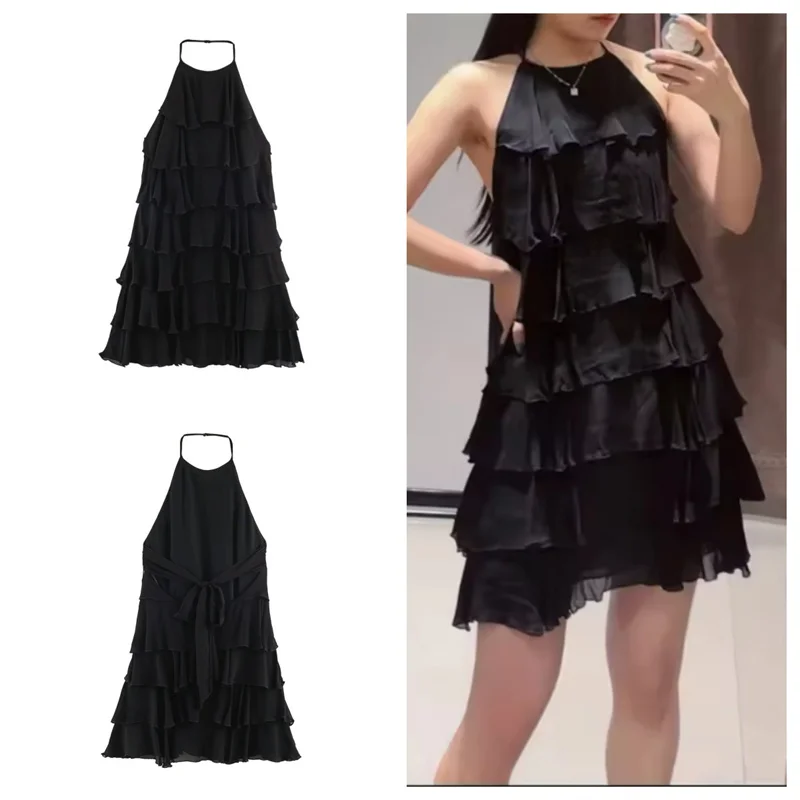 Guobioziy Women's Dress 2026 Summer New Black Halter Neck Layered Decorative Mini Dress Elegant and Stylish Beach Vacation
