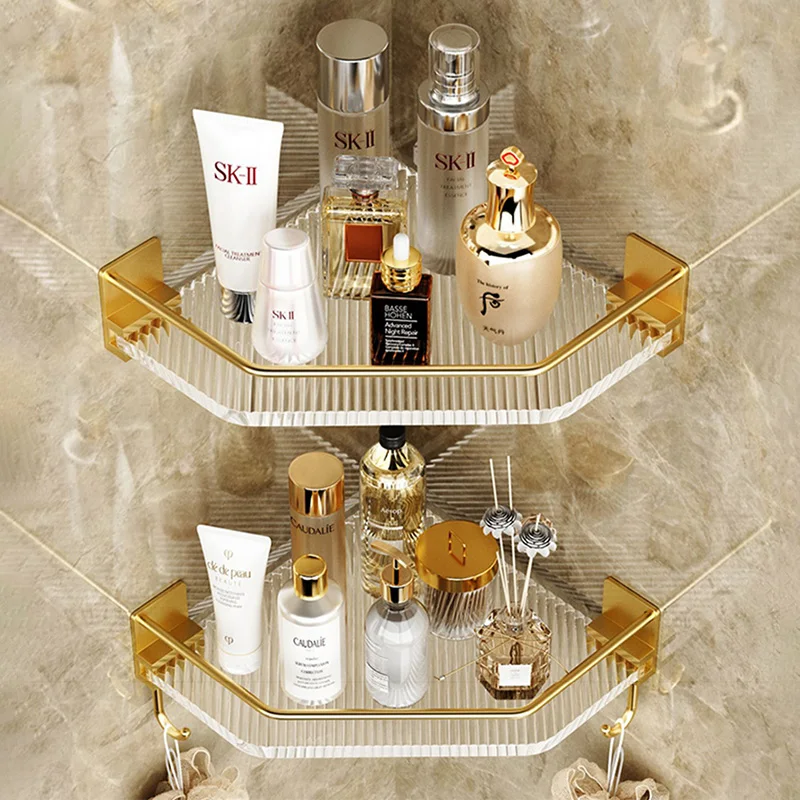 Acrylic Bathroom Shelf without Drilling Gold Rustproof Kitchen Toilet Shower Room Skincare Shampoo Corner Shelf Rack with Hook