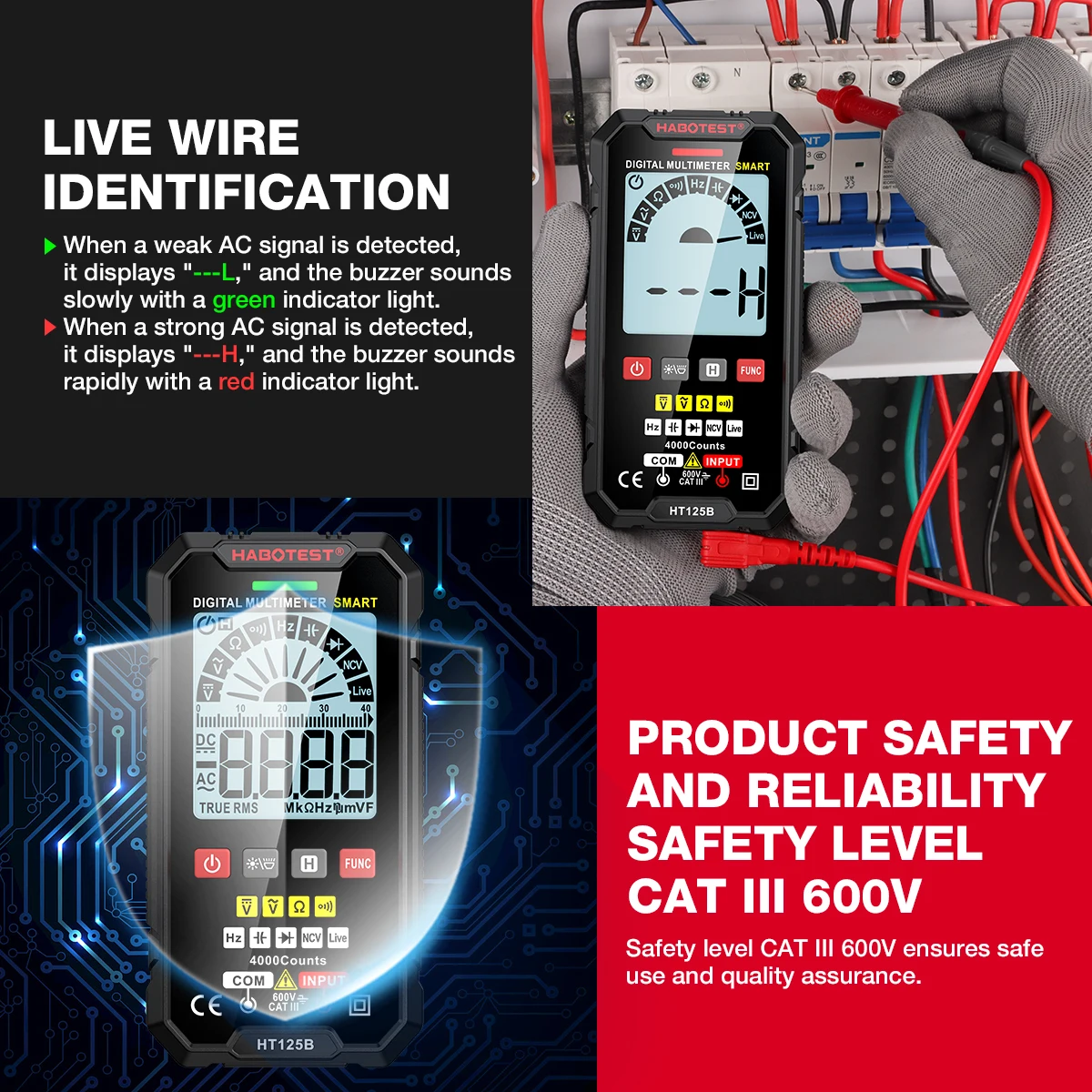 HABOTEST HT125 Smart Digital Multimeter Multimetro Digital DC AC Voltage Ohm Diode Capacitance NCV Hz Live Wire Tester