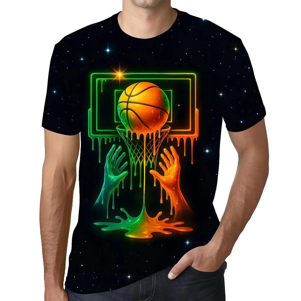 Men Basketball Graphic T-Shirt Neon Drip Print Short Sleeve O-Neck Tee Galaxy Starry Background Sports Fan Streetwear Tops