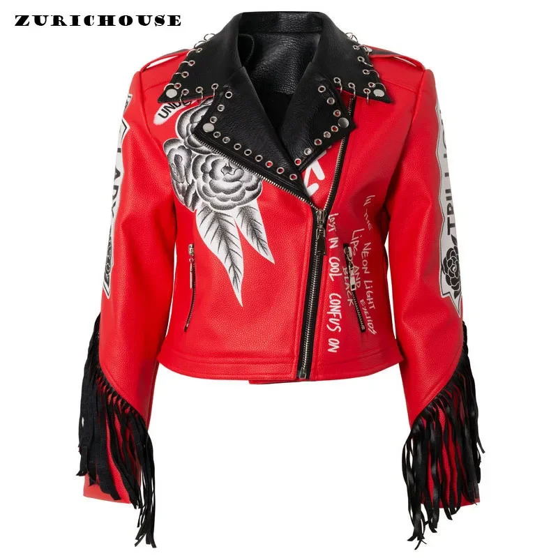 

Streetwear Contrast Fringed Cropped Leather Jacket for Women 2024 New Slim-fit Zipped Printed Red Faux Leather Motorcycle Jacket