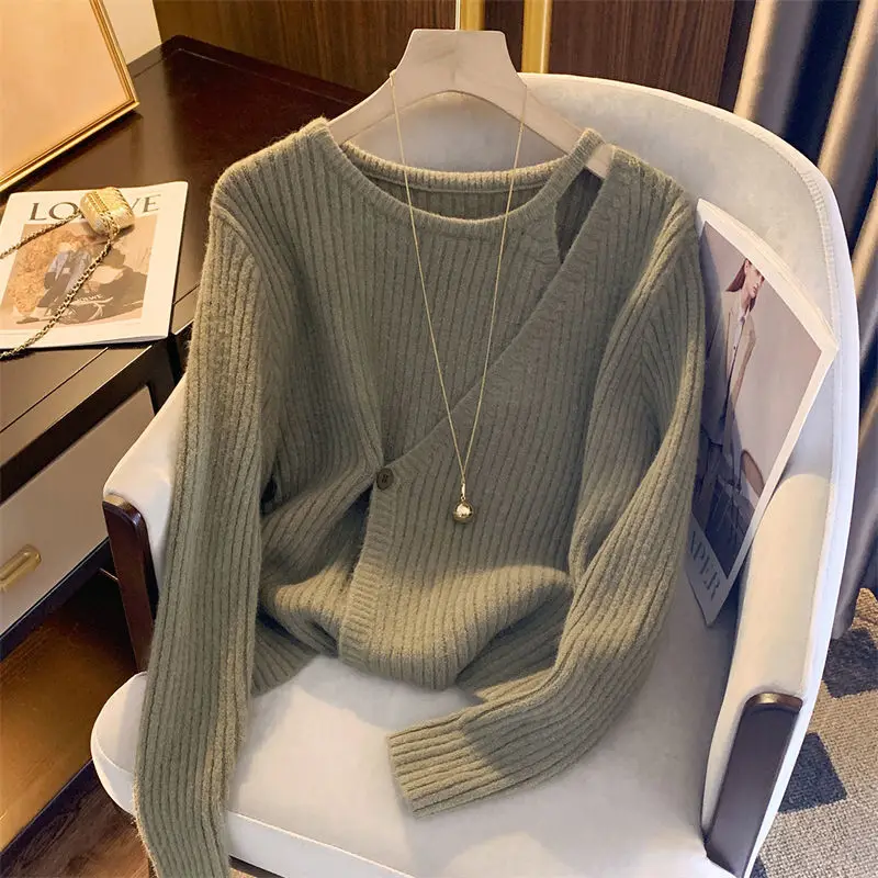 Spring Autumn New Hollow Out Solid Knitting Pullovers Long Sleeve O-Neck Button Sweaters Fashion Temperament Women Clothes S-2XL