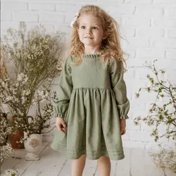 Baby girl dress toddler cotton linen girls dress child clothing comfy soft long sleeve pullover dress