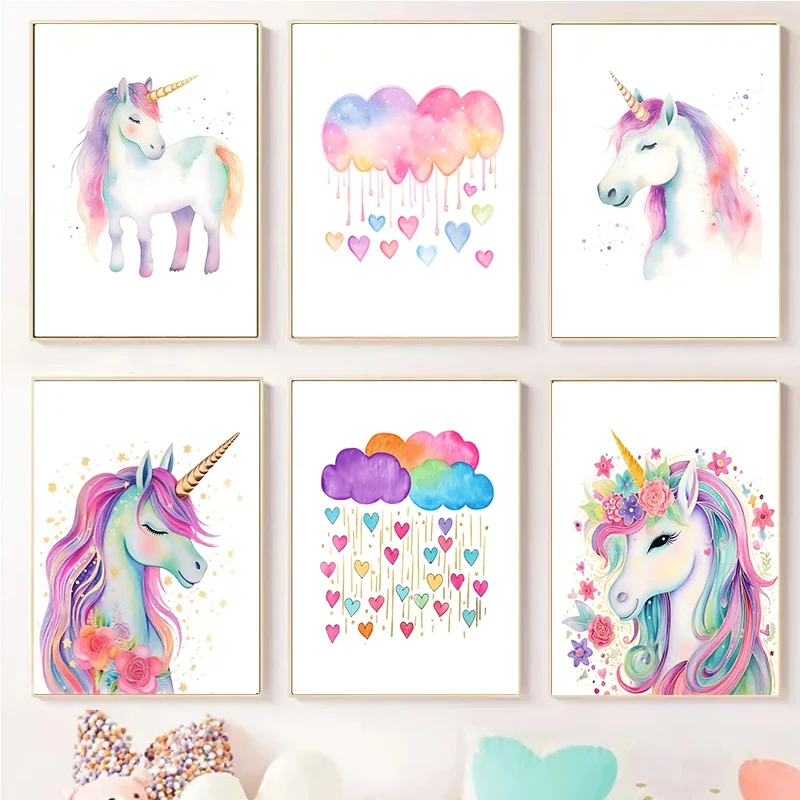 Cartoon Cute Unicorn Nursery Girl Room Pastel Rainbow Art Poster Canvas Painting Wall Prints Picture Children Room Home Decor