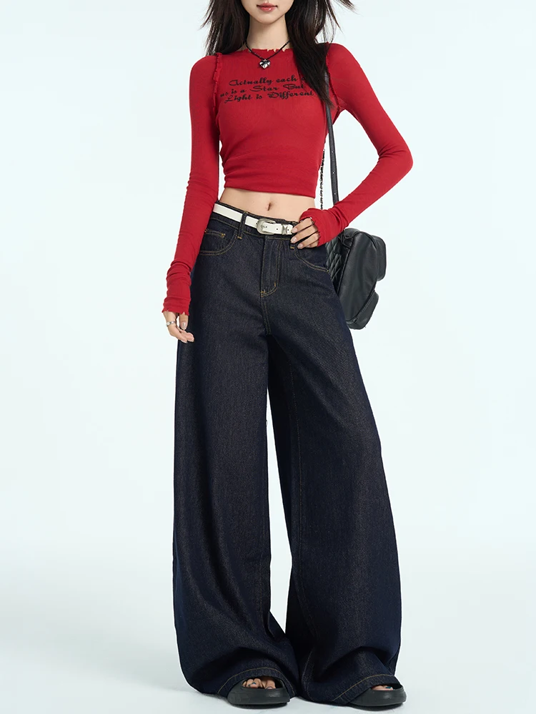 TGXQ High Waist Loose Fit Straight Leg Vintage Wide Leg Jeans Women's Flip Cover Original Blue Color American Style Denim Pants