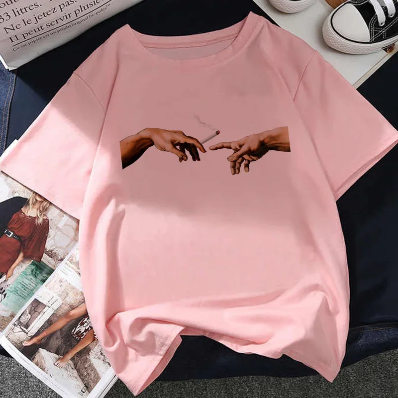 여성용 오버사이즈 티셔츠, 미켈란젤로 프린트, 얼짱 미학 티셔츠, 하라주쿠, 2021 여름, 핑크 드로잉 반팔, O넥 탑