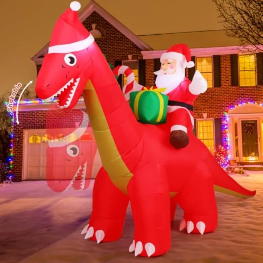 

Outdoor 8FT inflatable Santa riding dinosaur decoration for yard, lawn, garden, patio; PVC material, red and green color; built