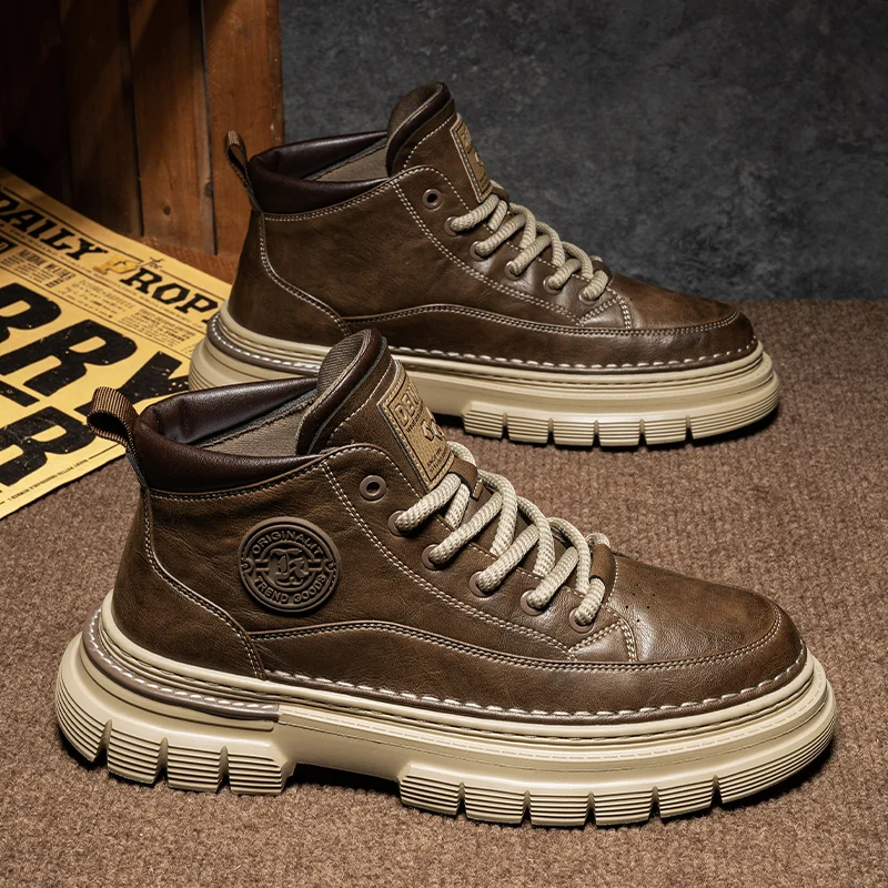 

Men's Winter High-Top Retro American Workwear Boots Leather Surface Casual Mid-Top Riding Waterproof Leather Boots
