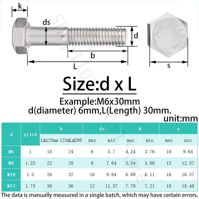 M6 M8 M10 M12 M14 M16 DIN931 A2-70 Partial Thread External Hex Head Screw 304 Stainless Steel Half Thread Hexagon Head Bolt