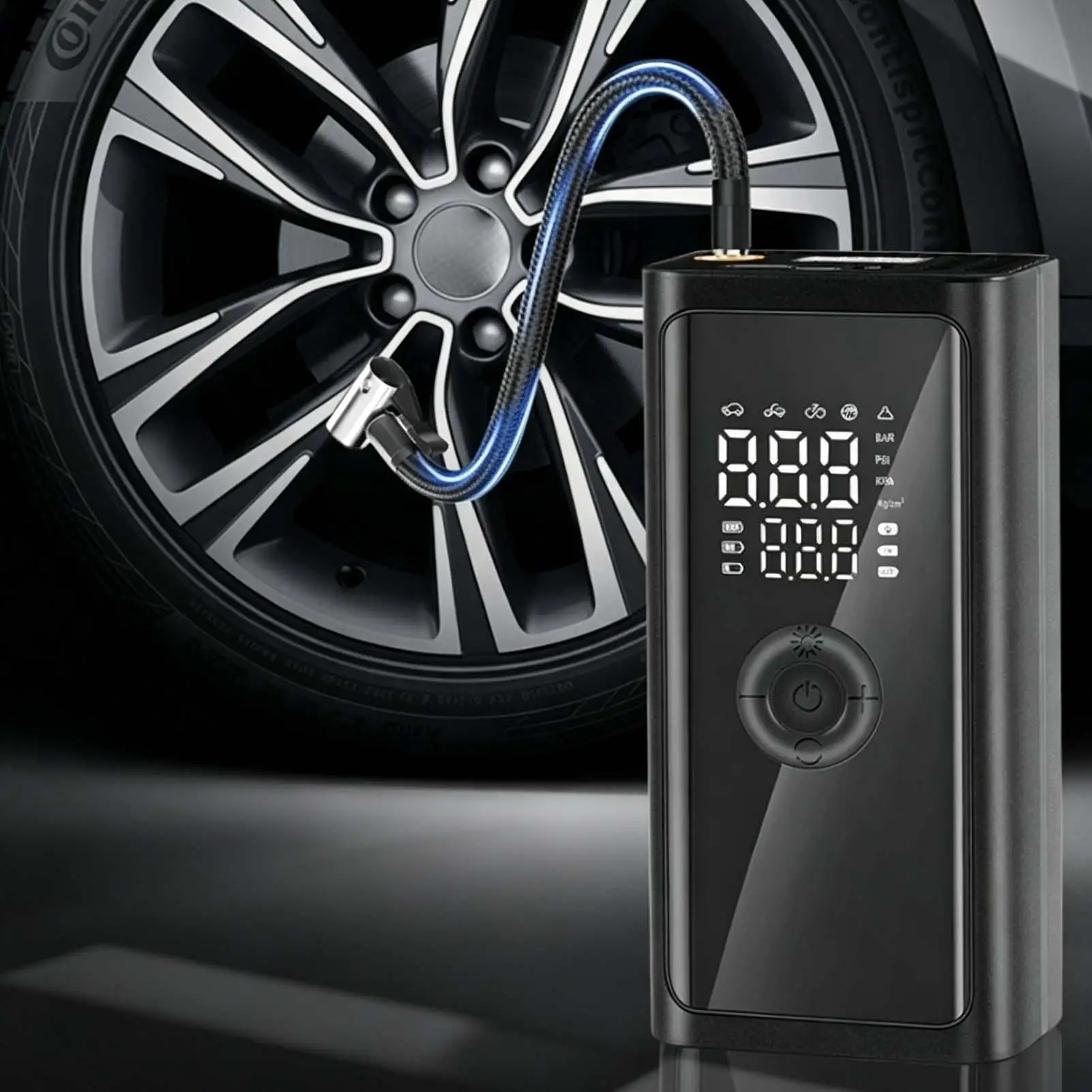 Portable Air Compressor For Car Auto Shut Off Smart Display Pump With SOS Light Multi-Valve Cordless Auto Tire Inflator For Road