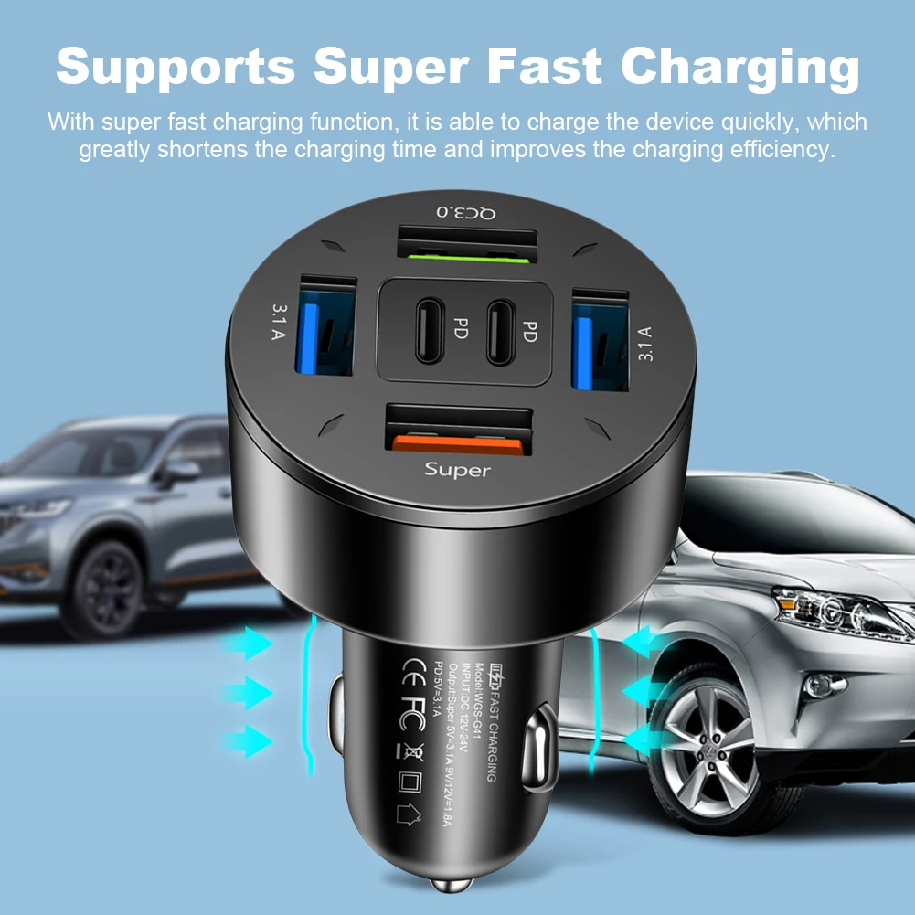 12V-24V 4 USB Car Charger Socket 66W PD QC3.0 6 Ports Car Charger Ultra Fast Phone Charge Power Adapter Outlet for Car RV Boat