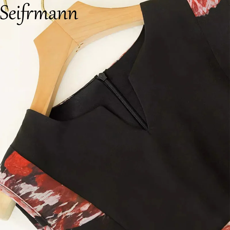 فستان Seifrmann النسائي الأنيق للحفلات مُزين بنقشة الزهور ورقبة على شكل حرف V بدون أكمام وخصر عالٍ، فساتين متأرجحة كبيرة على الموضة