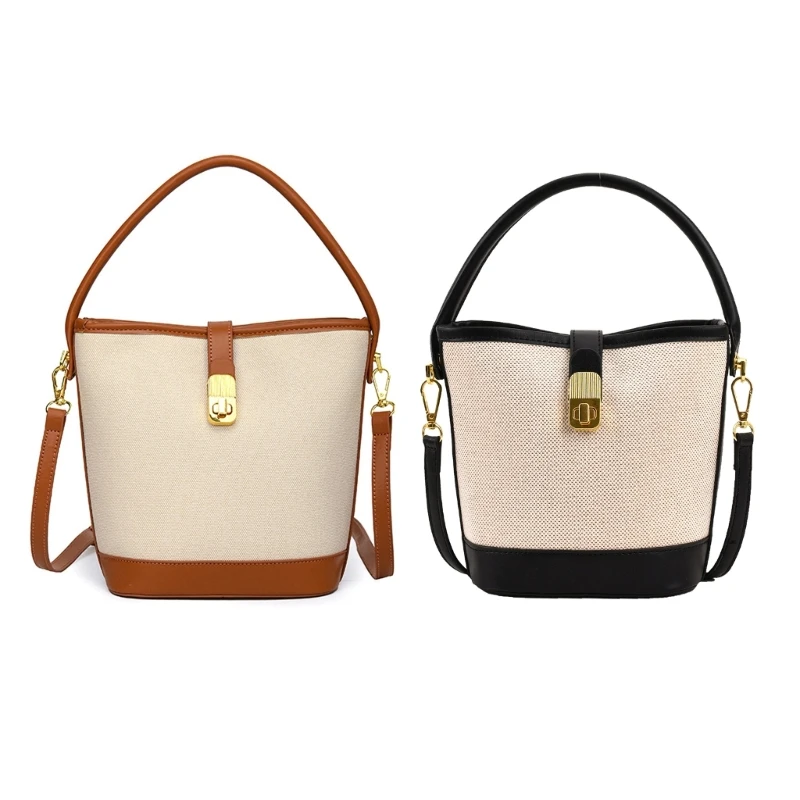 Women Elegant Crossbody Bucket Bag PU Spliced Shoulder Handbag for Shopping Work