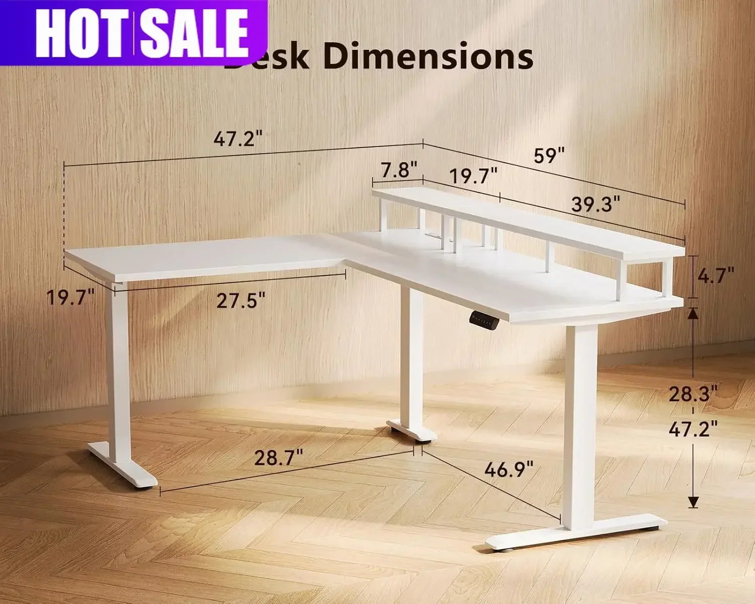 Durable Electric L-Shaped Standing Desk, 59 Inch Height Adjustable Office Desk with Monitor Stand, Sit-Stand Desk with Power