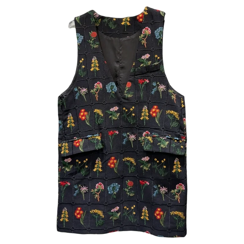 2025 sommer Neue V-ausschnitt Retro Bunte Blume Gestickte Design Weste Kleid für Frauen Schwarz Ärmellose Lose Vintage Kleid